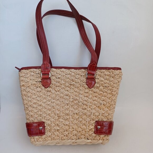 Brighton Bag Woven Natural Straw Red Croc Embossed Leather Floral Charm Dust Bag - Picture 3 of 14